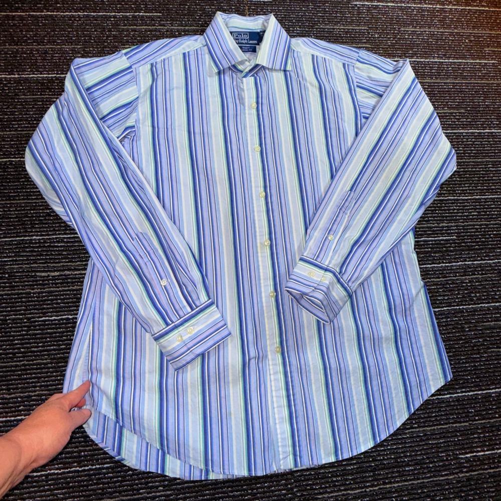 Vintage Polo Ralph Lauren Regent Classic Fit Striped Shirt Men 16 L Blue Green